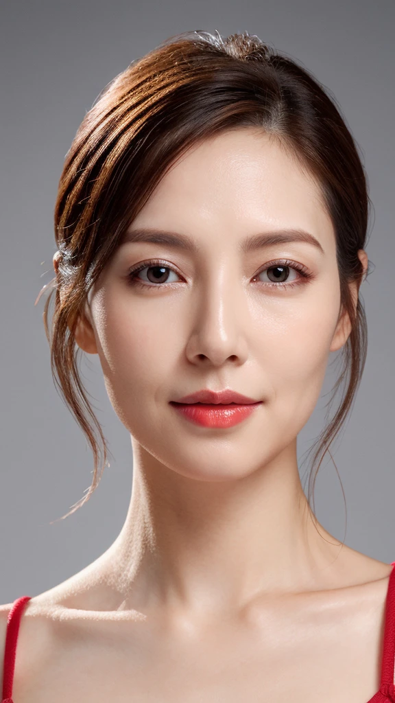 best quality, Practical, Very detailed, high resolution, 8K Gray Background, original photo, Professional photography, Reality, , 1 woman,45 years old expectation), Upper Body, short hair, Small, well-shaped breasts, Perfect face, (((Only the lips are red))), ((Looking at the camera)), (From below),Skin particles are clear,The pores on the face can be seen