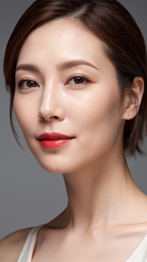 best quality, Practical, Very detailed, high resolution, 8K Gray Background, original photo, Professional photography, Reality, , 1 woman，45 years old expectation), Upper Body, short hair, Small, well-shaped breasts, Perfect face, (((Only the lips are red))), ((Looking at the camera)), (From below)，Skin particles are clear，The pores on the face can be seen