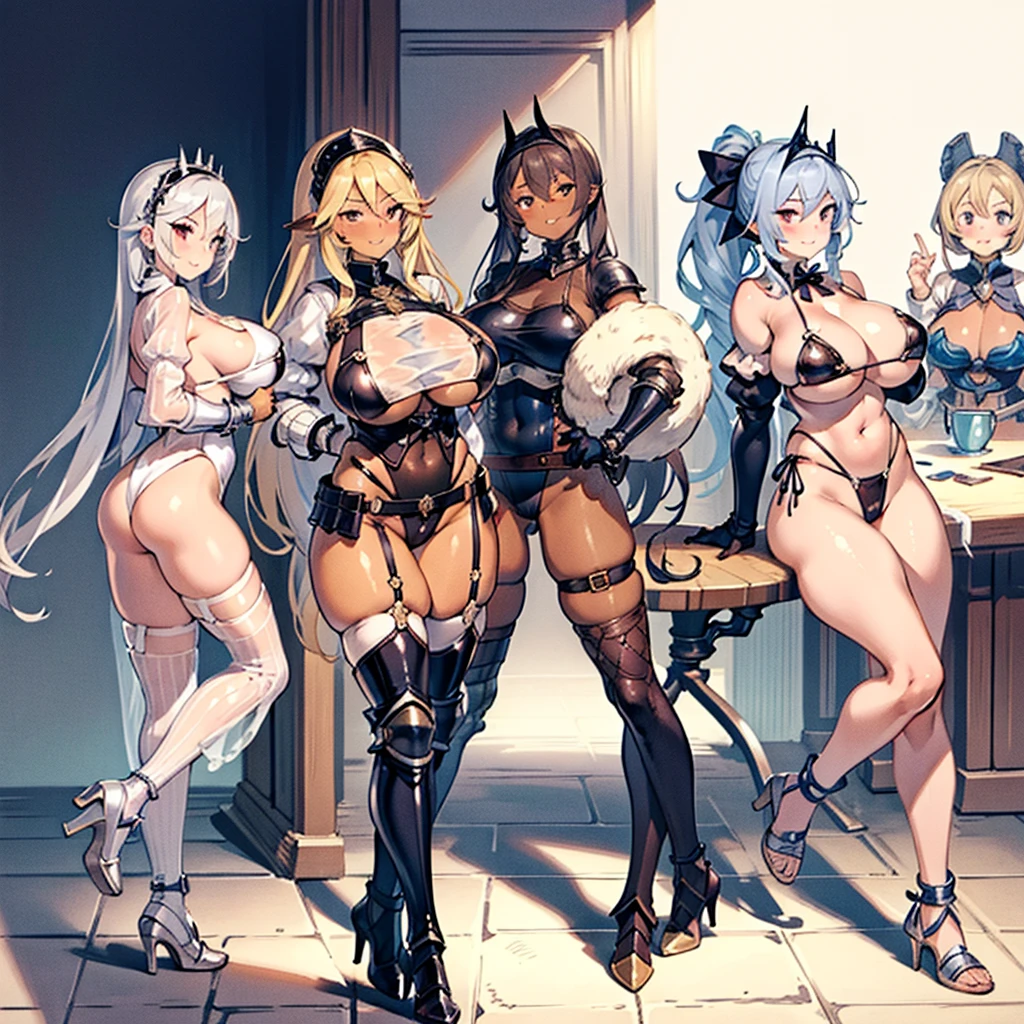 (masterpiece), Highest quality, (Exquisitely detailed body:1.5), (Four Girls, Group shot:1.4), (The body is slim:1.1), (Huge boobs:1.5), (Dark Skin:1.1), (muscle:1.1), Blonde, Silver Hair, Twin tails, Braiding, amount, (Open your mouth, Smile:1.1), (Wink:1.2), (jewelry, knight armor, Complex leotard with sleeves, Bikini Armor, See-through clothing:1.2), garter belt, Bodysuits, review, Rear View, Back Focus, Medieval Tavern