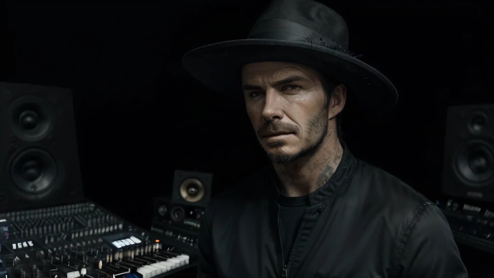 photo of one david-beckham, 1man,(detailed music studio: 1.4), Witch hat, (detailed faces: 1.4), highres, RAW photo 8k uhd, dslr, , ((cinematic light)), colorful, hyper detail, dramatic light, intricate details, (best lighting, an extremely delicate and beautiful), abstract colors, Disgusted face, looking down to viewer, deep eyes, glare eyes,