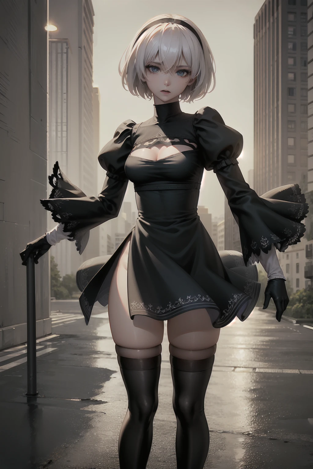 (masterpiece, best quality, highres, high resolution:1.2), extremely detailed, intricate details, 1girl, solo, looking at viewer, cowboy shot, standing, hm2b, light blue eyes, clothing cutout, long sleeves, puffy sleeves, juliet sleeves, feather trim, black thighhighs, black gloves, covered navel, (white_leotard:1.2), outdoors, dystopian, ruined city, (cinematic lighting, bloom, volumetric),