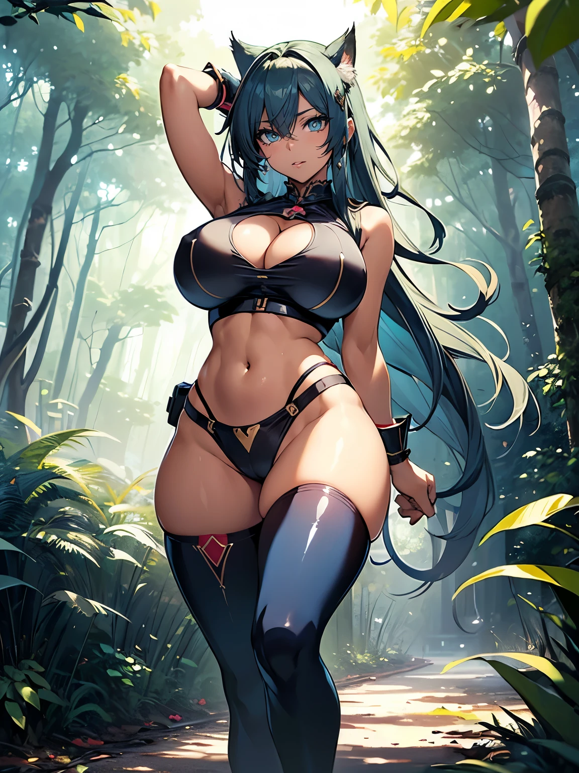 ((Seductive Anime Girl:1.3, solo:1.5))、((fusion of cat and girl:1.3))、((animal tail))、slant eyes、((Glossy realistic skin texture))、((Being in forest:1.3)), ((erect nipples))、((dynamism posing:1.3))、((open clothes:1.2))、((crop top navel:1.2))、((huge breasts:1.3))、((huge hip:1.3))、((highleg:1.3))、((wedgie:1.2))、((cleavage:1.2))、ultra-detailliert, hiquality, Top image quality, digitial illustration, Smooth texture、shiny skin、((sleeveless:1.2))、Sharp Focus