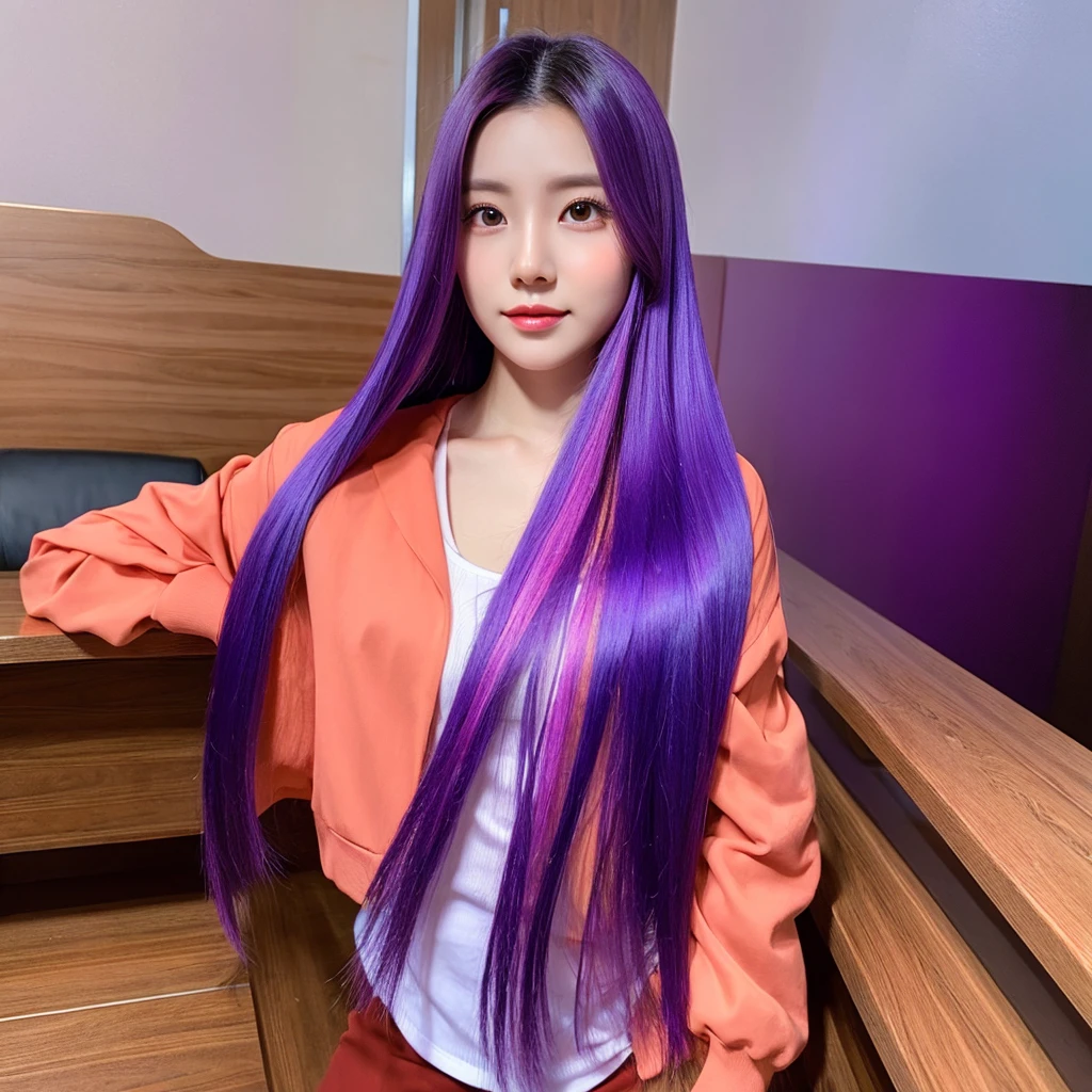 1woman hair purple, mid 20 years old, body, in the room,vibrant colors, ultra high realistic, ultra high quality