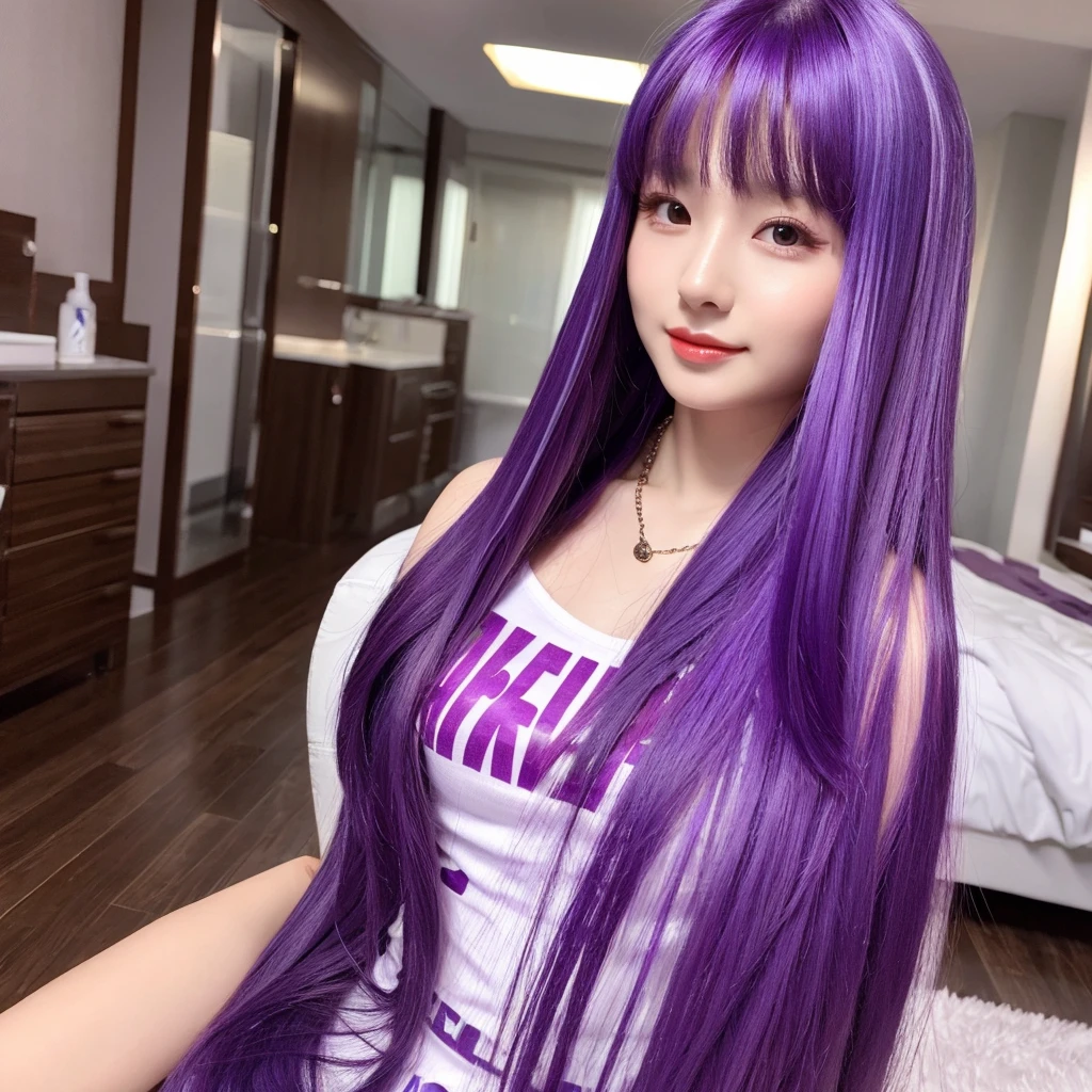 1woman hair purple, mid 20 years old, body, in the room,vibrant colors, ultra high realistic, ultra high quality