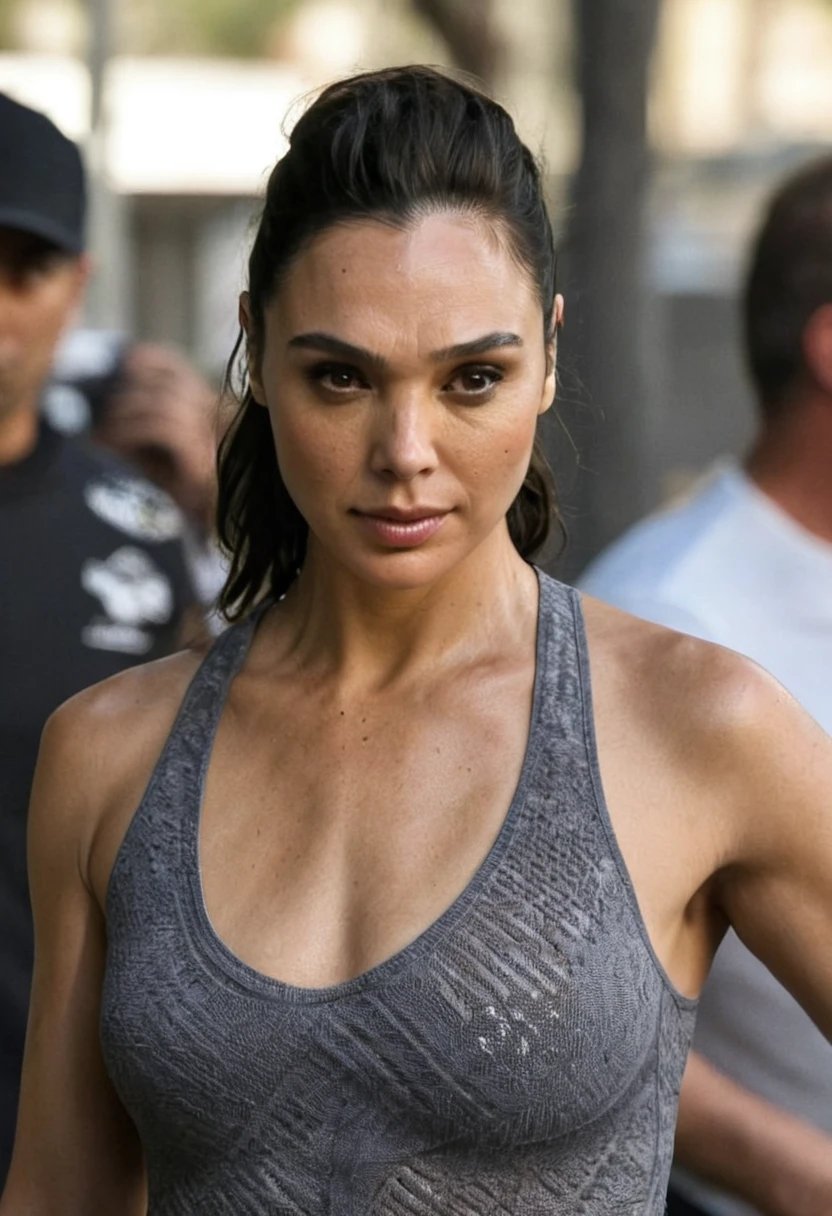 high quality Erotic paparazzi photograph (GalGadot , housewife , mother, ) random erotic photograph , she is wearing a sweaty, tight tshirt , random move ,seductive, tired woman , fit muscular woman (, depth of field, insanely detailed skin texture, extremely detailed face, hyper detailed features )