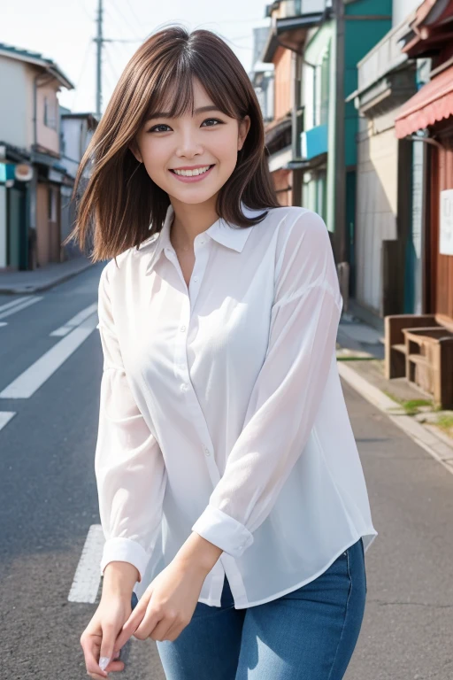 8K, (Best image quality:1.60), ((Realistic photos)), (One Woman:1.33),Beautiful expression, (Detailed eyes:1.5), (Iris:1.4), (Detailed face:1.7), (cute日本人の顔), (Big smile:1.5), (Shiny Hair:1.4), (Fairly dark brown hair:1.2), ((High resolution)), RAW Photos, (A seaside port town, Nanki Shirahama)、Dress shirt, pants, Big smile, Staring at the camera, 24-years-old, Walking, Upper body from the knee up, cute, Short haircut