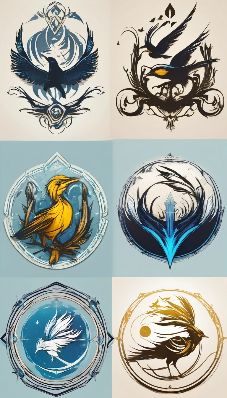 Create a minimalistic, simple, fantastic, easy to understand, logo design for an upcoming Fantasy Role Playing Game called " Penamemoria". The game is about a world full of bird and feathers. A boy enters that world and discovers his true artistic identity. Create a logo design that transmits the essence of this videogame. It´s a fantasy game, with fantasy elements. Create the logo in the center and a fantasy theme as background. Use the colours blue, white, yellow in the logo. The logo design must convey a sense of fantasy, dreams and music. Must convey a feeling of being a true Dreamer