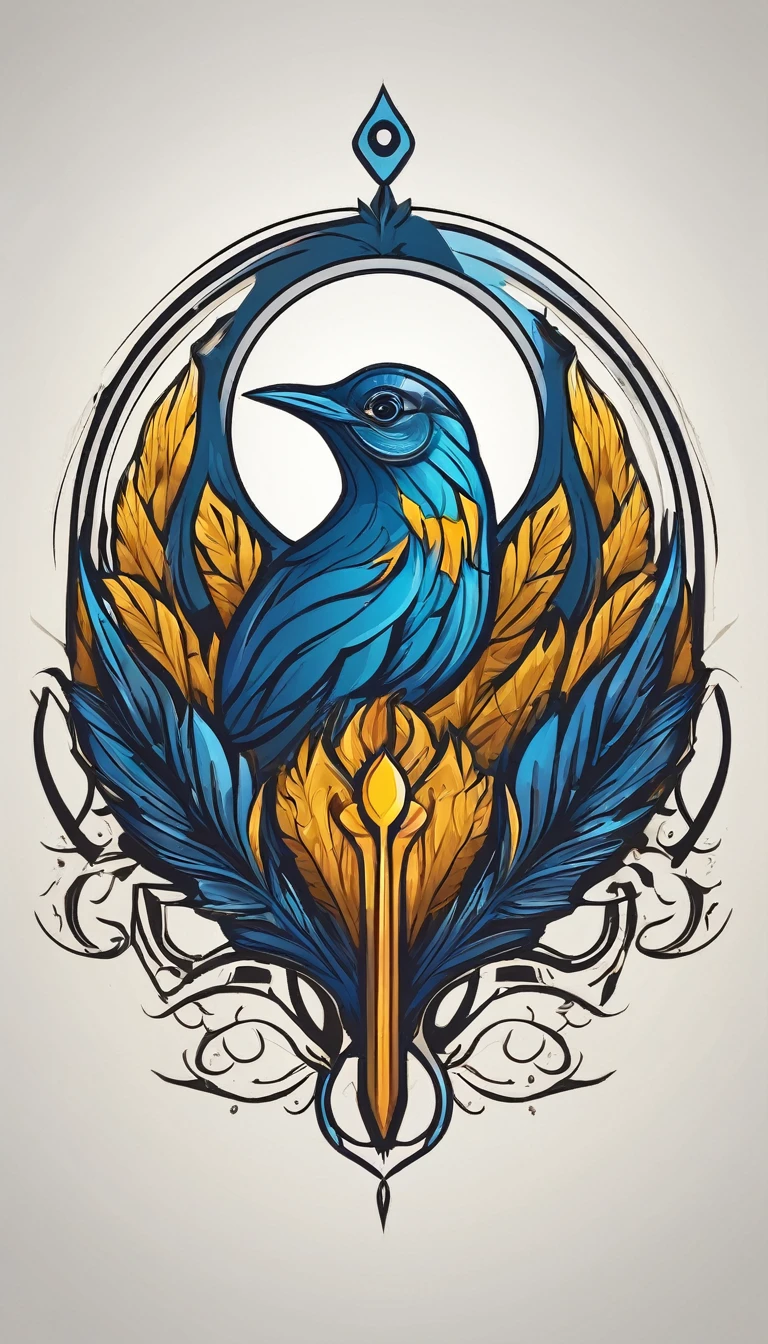 Create a minimalistic, simple, fantastic, easy to understand, logo design for an upcoming Fantasy Role Playing Game called " Penamemoria". The game is about a world full of bird and feathers. A boy enters that world and discovers his true artistic identity. Create a logo design that transmits the essence of this videogame. It´s a fantasy game, with fantasy elements. Create the logo in the center and a fantasy theme as background. Use the colours blue, white, yellow in the logo. The logo design must convey a sense of fantasy, dreams and music. Must convey a feeling of being a true Dreamer