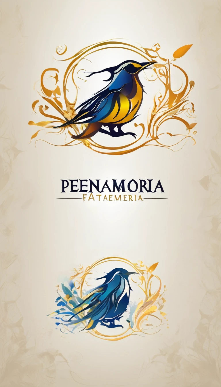 Create a minimalistic, simple, fantastic, easy to understand, logo design for an upcoming Fantasy Role Playing Game called " Penamemoria". The game is about a world full of bird and feathers. A boy enters that world and discovers his true artistic identity. Create a logo design that transmits the essence of this videogame. It´s a fantasy game, with fantasy elements. Create the logo in the center and a fantasy theme as background. Use the colours blue, white, yellow in the logo. The logo design must convey a sense of fantasy, dreams and music. Must convey a feeling of being a true Dreamer