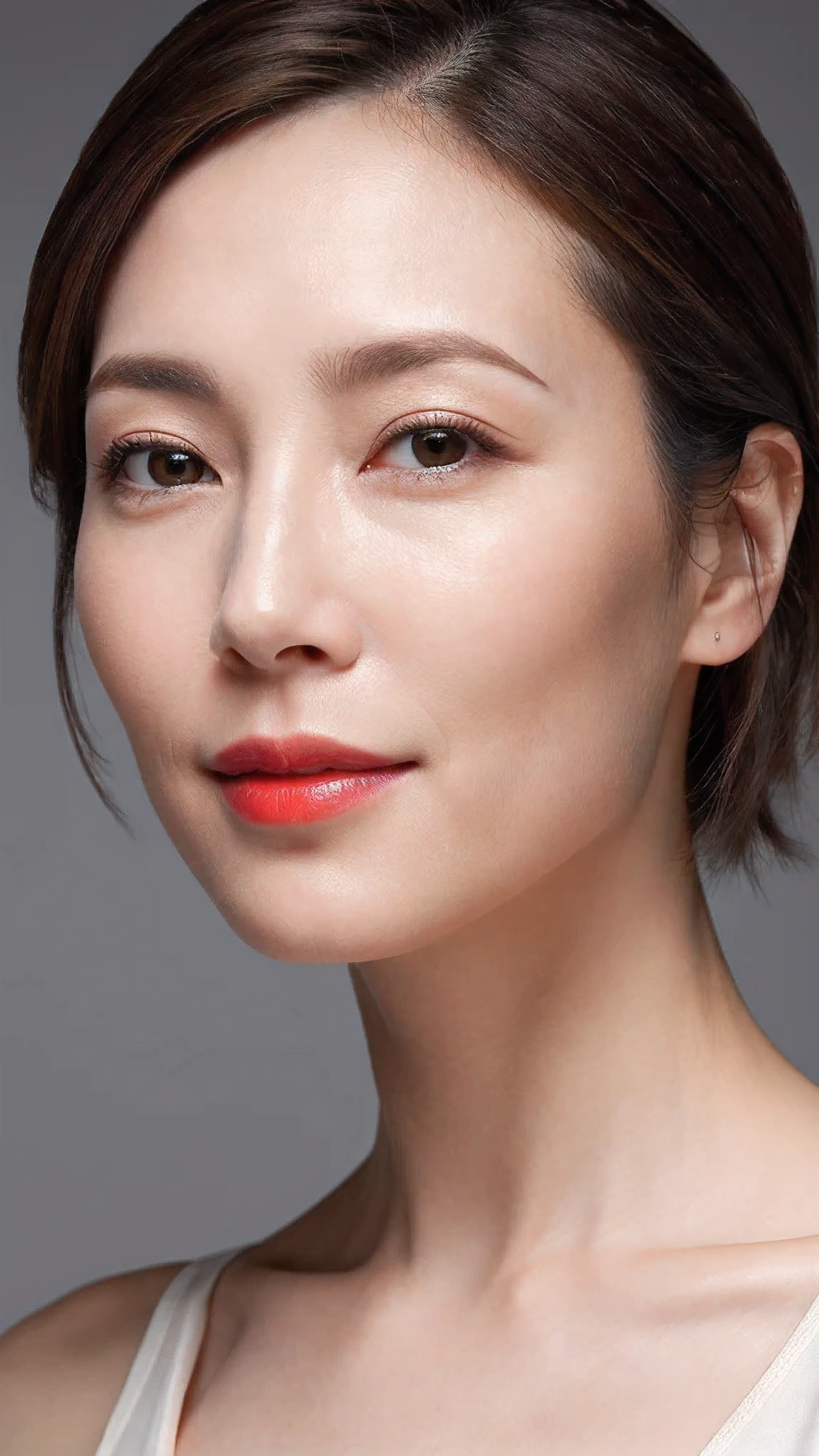 best quality, Practical, Very detailed, high resolution, 8K Gray Background, original photo, Professional photography, Reality, , 1 woman，45 years old expectation), Upper Body, short hair, Small, well-shaped breasts, Perfect face, (((Only the lips are red))), ((Looking at the camera)), (From below)，Skin particles are clear，The pores on the face can be seen