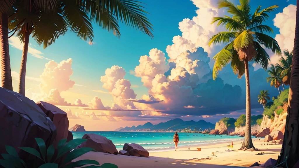 anime girl laying on the beach with palm trees and a bench, miss fortune league of legends, miss fortune, rhads and lois van baarle, lois van baarle and rossdraws, artgerm and lois van baarle, beautiful digital artwork, beaching, extremely detailed artgerm, deviantart artstation cgscosiety, anime background art, amazing wallpaper, background art, hd wallpaper, relaxing concept art, beautiful wallpaper, high quality desktop wallpaper, background artwork, pc wallpaper, anime background, wallpaper hd, 8K image quality, Masterpiece