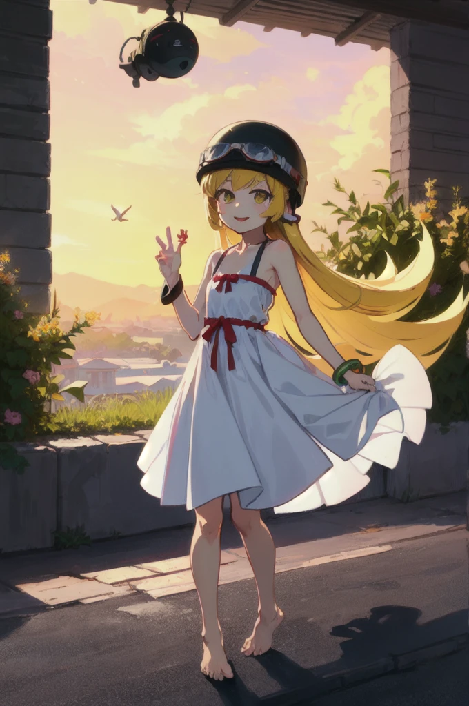 One girl, alone, woman, (Tolerate野_Tolerate),(bluponde) (bluponde_hair), (yellow_hair), ((lupong_hair)), ((前hair)), (yellow_eye), blush, pointed_ear, (blush_Stickers), flat_chest,
white_dress, bow, bracelet, Pause, barefoot, full_body, ((Helmet)), ((googles)), hand_upon_Own_head, 両handを広げて, Holding, smiling
global illuminatiupon, hdri, Scattered beneath the surface, masterpiece, 4K, Ray-tracing, beautiful, sharp, Smooth Skin, bloom, Anime Sunset, nature, Mountain々, cloud, Grass, Flowers, fire Fly, 
oshino_shinobu