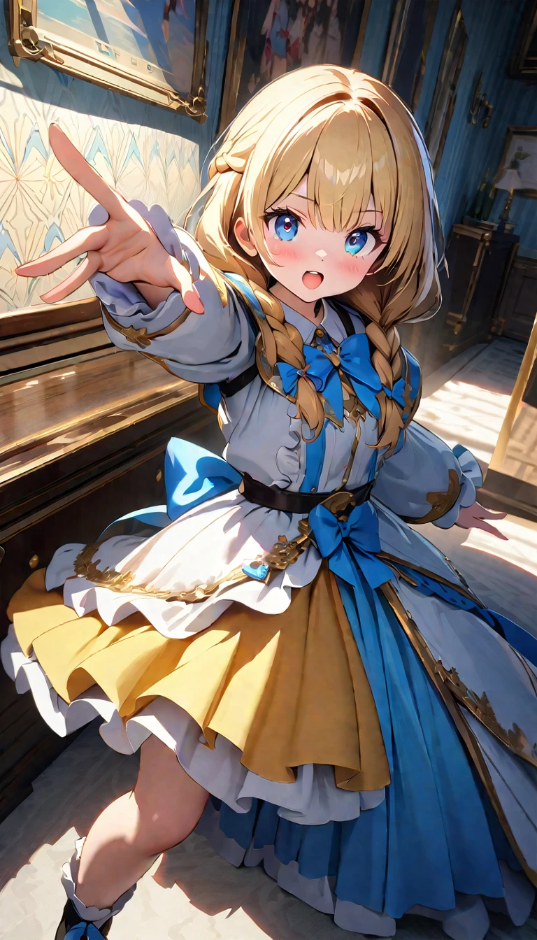 1female\(princes,cute,kawaii,age of 20,long braid hair,blonde,eye color ocean blue,big eyes,dynamic pose,open quality\(8k,wallpaper of extremely detailed CG unit, ​masterpiece,hight resolution,top-quality,top-quality real texture skin,hyper realisitic,increase the resolution,RAW photos,best qualtiy,highly detailed,the wallpaper,cinematic lighting,ray trace,golden ratio\),,