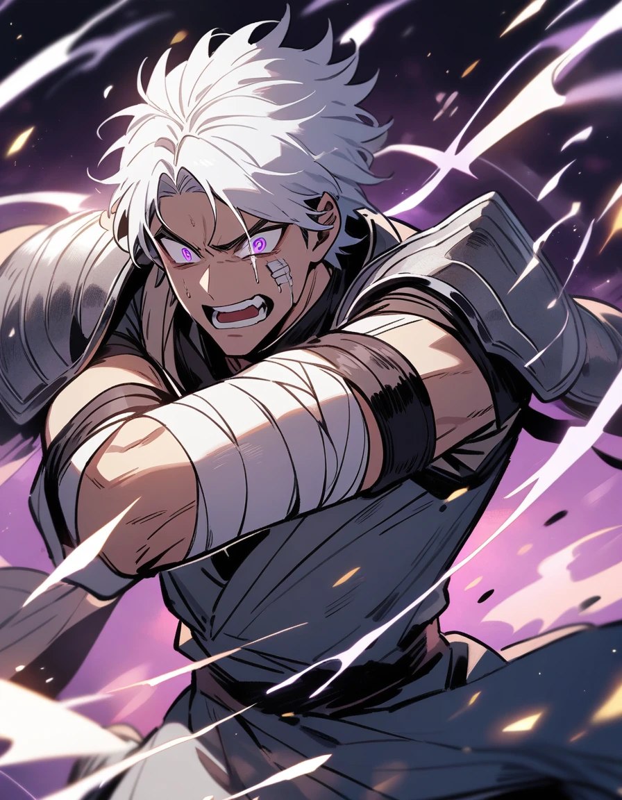 young Greek man with white hair, violet eyes, with one of his arms covered in bandages, with silver shoulder pads, with a bleeding face and several bruises starting to attack