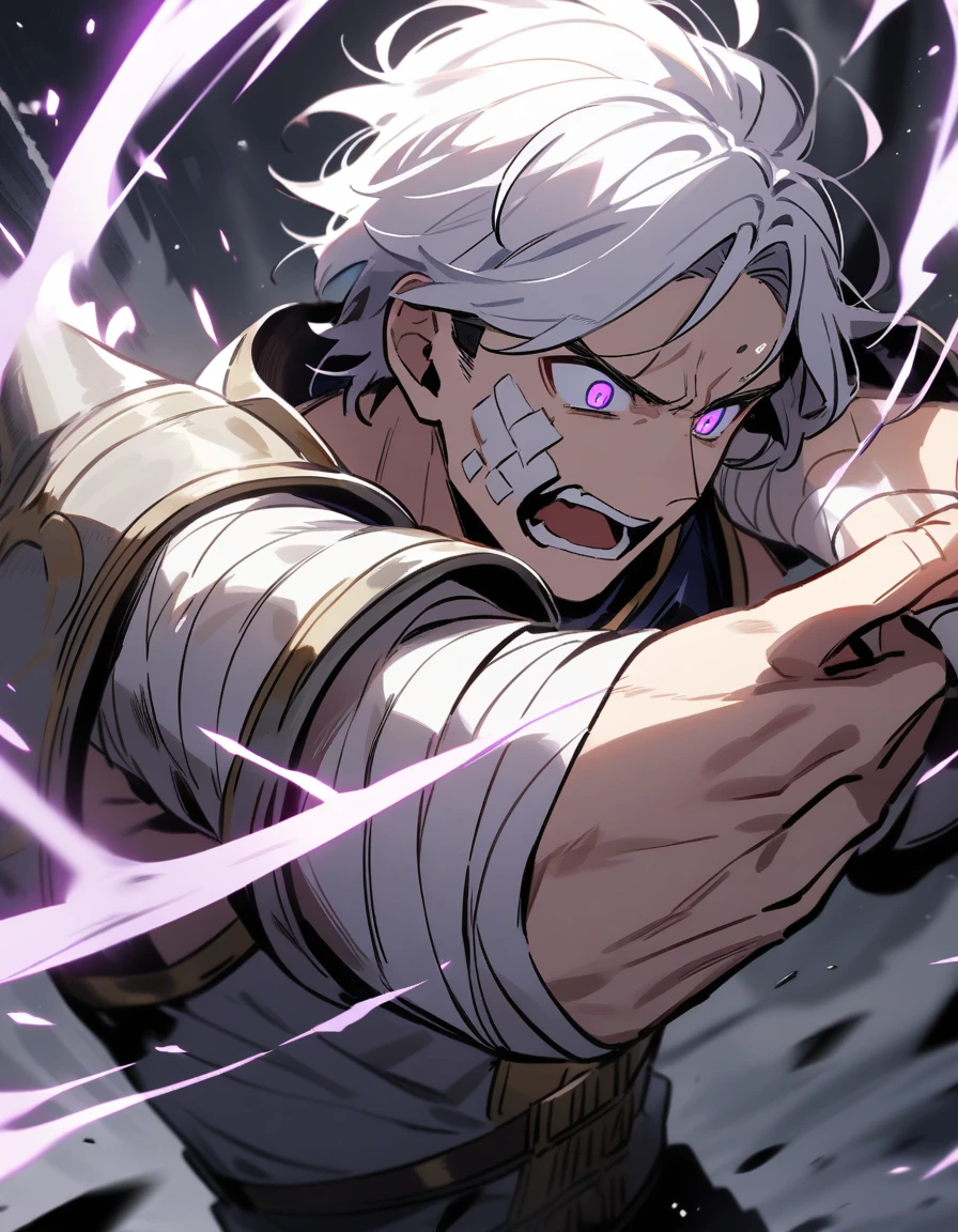 young Greek man with white hair, violet eyes, with one of his arms covered in bandages, with silver shoulder pads, with a bleeding face and several bruises starting to attack