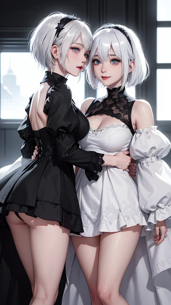 ((High quality)),masutepiece,(Detailed depiction of local details:1.2),1girl in,blue eyes,Plump breasts,Enchanted Valley,Closed mouth,Eyelashes,Portrait,solo,White hair,black theme,Short hair,Silver hair,yorha no. 2 Type B,(((White hair and black hair)))、Full body view、((Two girls dressed similarly))((裸の2人))((Two people smiling))((Light skin and dark skin))(((Black Hair、Dark Skin、Woman in Black Dress)))((white thong))((black thong))Stick your butt out ((Two people who kiss with their tongues)) ((Two people intertwined in a double bed))