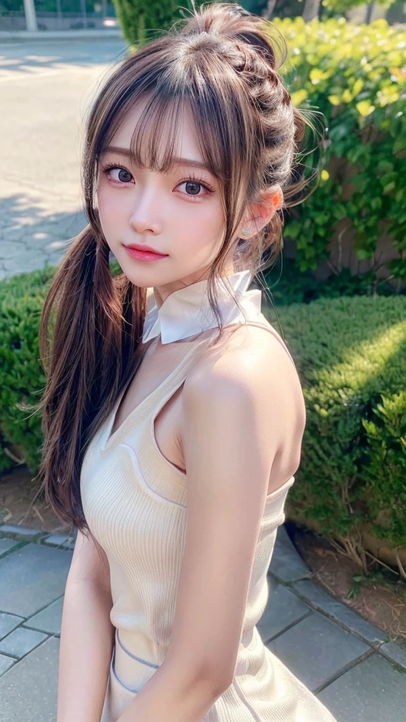 One piece with collar,outdoors,Urban Park,On the lawn,Ultra-detailed, finely detail, hight resolution, 8K Wallpaper, Perfect dynamic composition, Beautiful detailed eyes,Outdoor,Close-up of face,Outdoor,Blushing,Facing forward,,Long hair ponytail,((8k, Raw photo, Best Quality, Mastepiece:1.2), (Realism, Photorealistic:1.4), (Highly detailed 8K wallpapers), Depth of written boundary, Cinematic Lighting, Soft Light, Detailed Beauty Eye,Shiny and smooth light brown ponytail, Asymmetrical bangs, Shiny skin, Ultra-detailed skins ,It is high resolution., High detail, Detailed hairstyle, Detailed facial beauty, Hyper-realistic, Perfect limbs, Perfect Anatomy ,1 Japanese girl,Famous Japanese Idols, Perfect female body,A shy smile,Short eyelashes,Double-edged eyelids,Look straight here,Hair style: ponytail,
