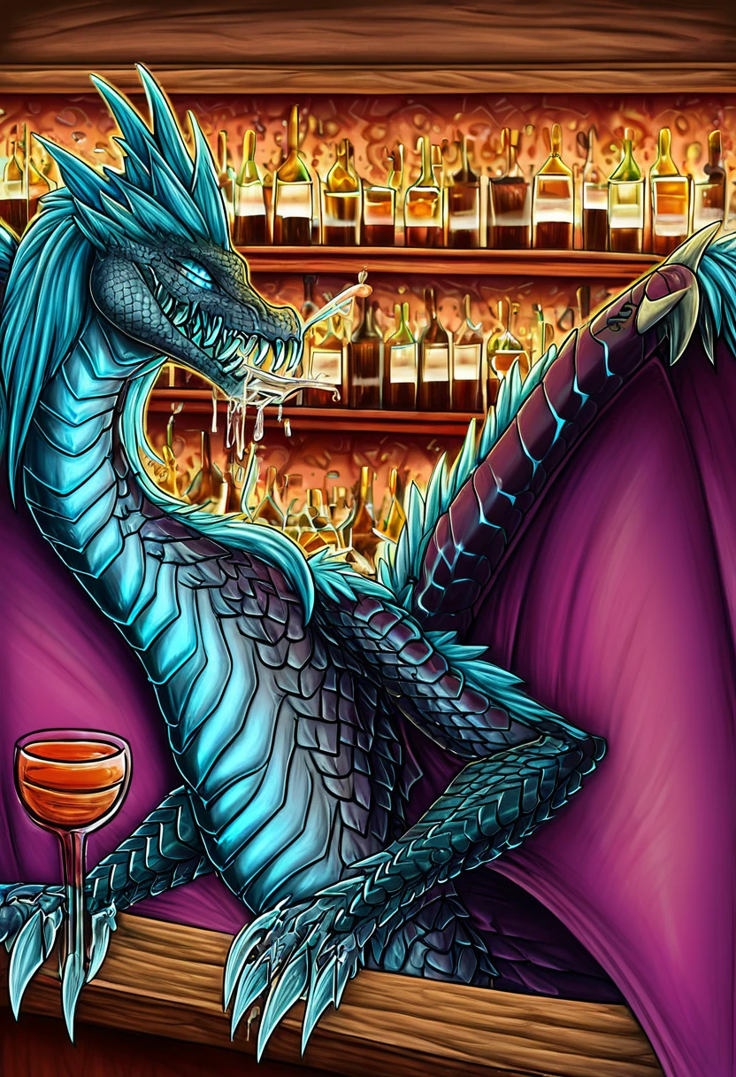 1girl, no humans, monster, dragon, sharp teeth, teeth, claws, wings, scales, colored skin, glowing, blue eyes, hair, drinking in bar, ahegao