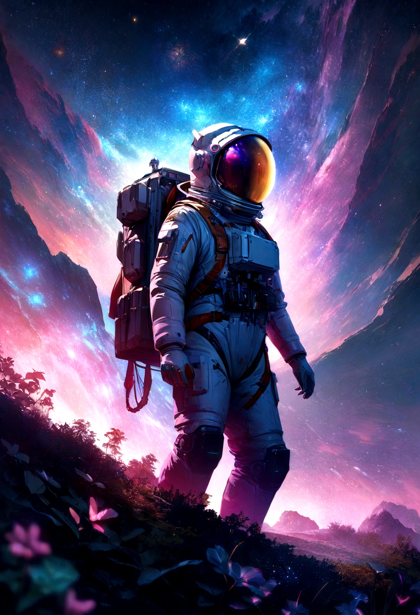 an astronaut standing in a lush field, nomanssky style wallpaper, 4K high resolution concept art beautiful masterpiece,abstract dream, space, intricate, large scale, alone, cinematic film still, Insane detail, sharp focus, depth of field , realistic lighting, (realistic perspective), complex, (multiple subjects), 4k HDR,