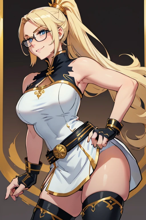 female, blonde long hair in a ponytail, blue eyes, (((1girl))), (((white strapless and sleeveless tunic with gold trim))), (white skirt with gold trim), (black belt), (black knee high boots with gold trim), ( black fingerless gloves), (glasses), (black ring on finger), cute and sexy, modest breasts, modest butt, full body, long legs, smiling