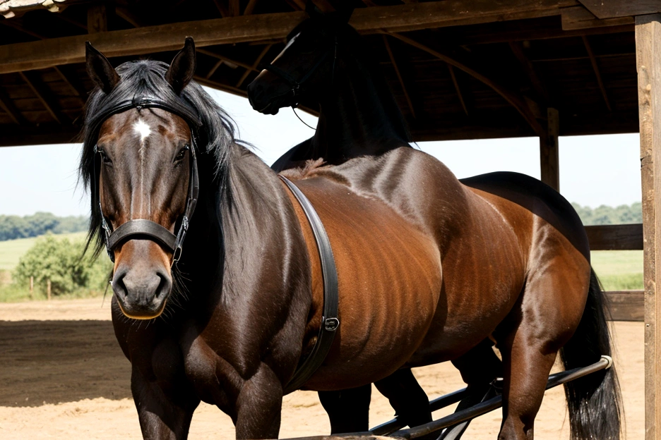 complete view of horse. a big fat black shire horse with big bum. pulling dray cart. nude full figured woman driving. very dark skinned. very short hair. steaming dung pile under horse
