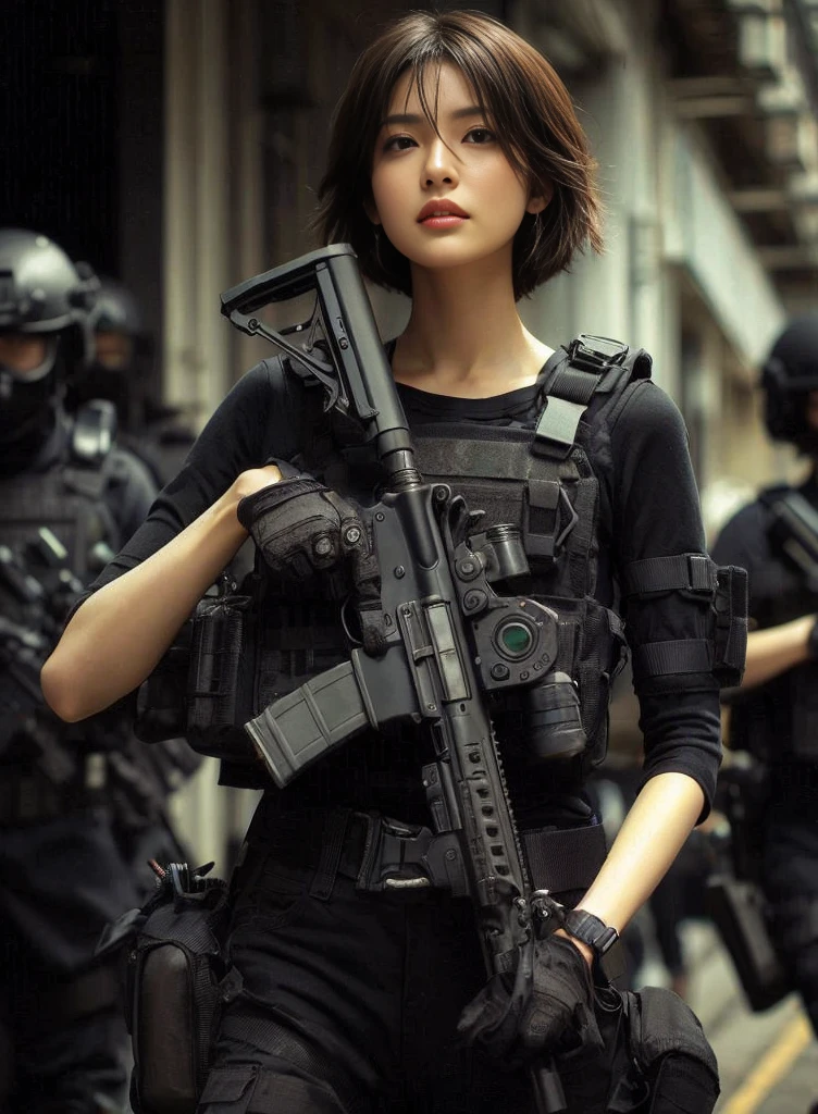 beautiful detailed eyes, beautiful detailed lips, extremely detailed eyes and face, long eyelashes, 1 woman, SWAT team member, japanese, realistic skin texture, hyperrealism, tactical gear, black automatic rifle, bulletproof vest, tactical watch, short hair, dynamic pose, in american mid-sized city, old buildings, best quality, 8k, highres, masterpiece, ultra-detailed, realistic, photorealistic, photo-realistic, HDR, UHD, studio lighting, ultra-fine painting, sharp focus, physically-based rendering, extreme detail description, professional, vivid colors, bokeh, concept art