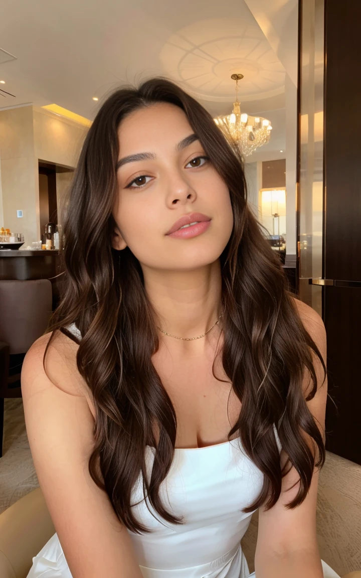 1 woman, Long wavy hair, dark brown eyes, in the luxury hotel eating