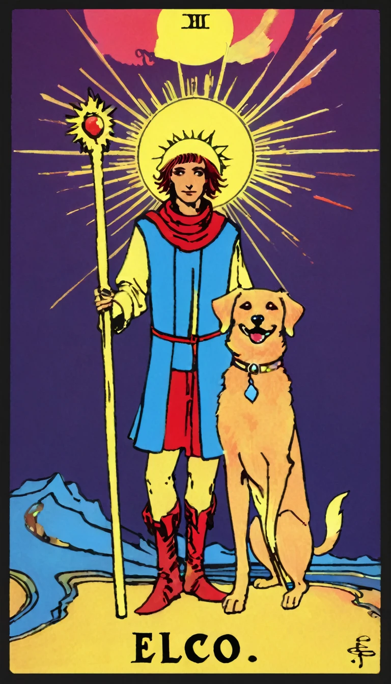 tarot card, the fool, happy man next to a dog walks with a bag tied to a stick, bright sun, tarot card frames ((text on card: "EL LOCO")) (art inspired by Bill Sienkiewicz). bright colors, oil painting)