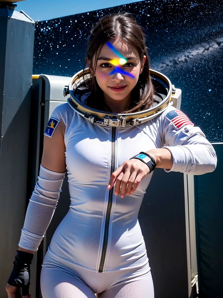 A woman in a white suit with red gloves, Astronaut Girl, Armored Astronaut Girl,  Smooth Art, Wearing a space suit, 8K,、((smile))、(((Open Stance)))、Background Outer Space、