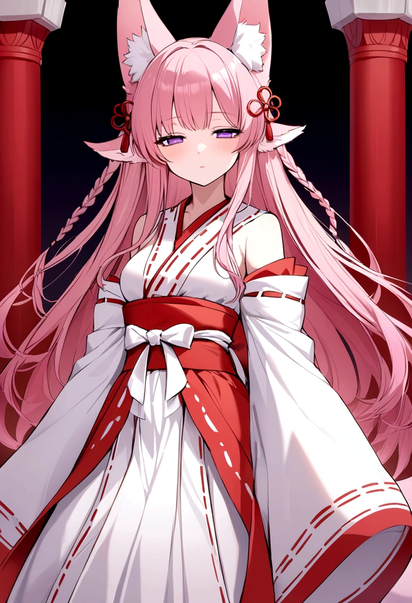 Purple Eyes, Half-closed eyes, Coral pink hair。It is waist-length and tied at the bottom.。She has droopy fox ears the same color as her hair., White and red shrine maiden