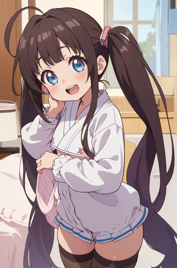 1girl,solo, big eyes, cowboy shot, (***********:1.3), hinatsuru ai, blue eyes, dark hair, brown hair, absurdly long hair, ahoge, twintails, micro bikini,thighhighs,smile,open mouth,my room,