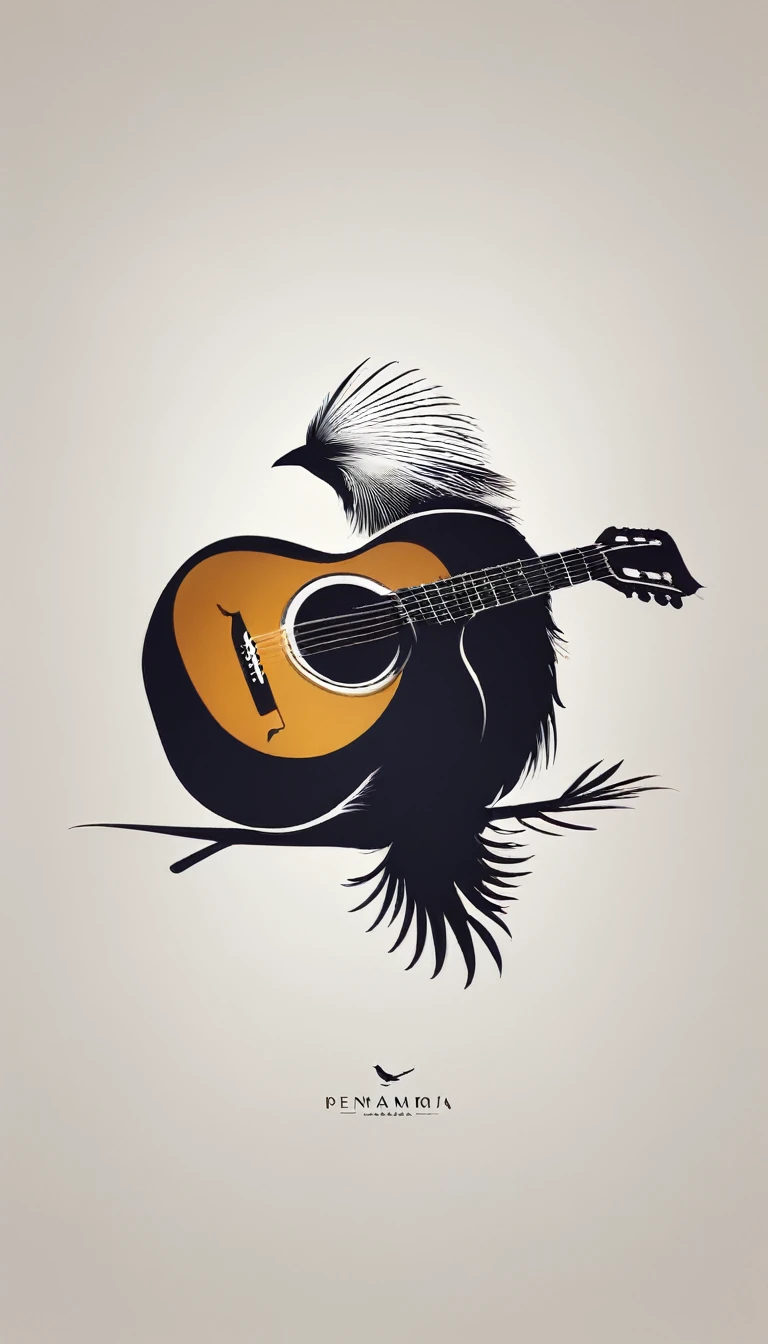 A minimal, modern, simple, cinematic logo design for the brand “Penamemoria". The logotype must be a boy playing acoustic guitar alongside a bird and a feather. The logo must convey a sense of music, stories and dreams. Minimalistic logo of a boy playing acoustic guitar and dissolving into a feather