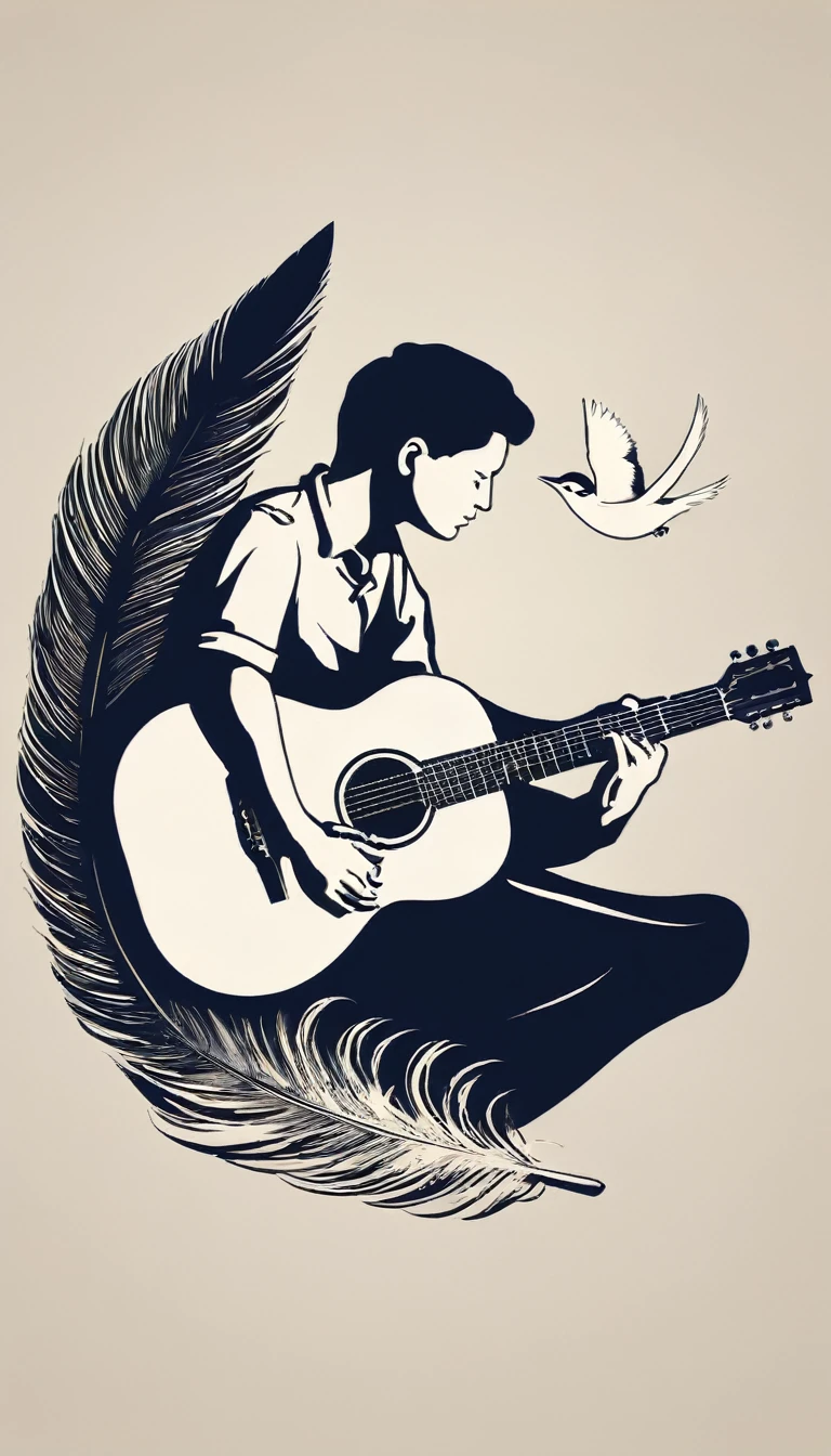 A minimal, modern, simple, cinematic logo design for the brand “Penamemoria". The logotype must be a boy playing acoustic guitar alongside a bird and a feather. The logo must convey a sense of music, stories and dreams. Minimalistic logo of a boy playing acoustic guitar and dissolving into a feather