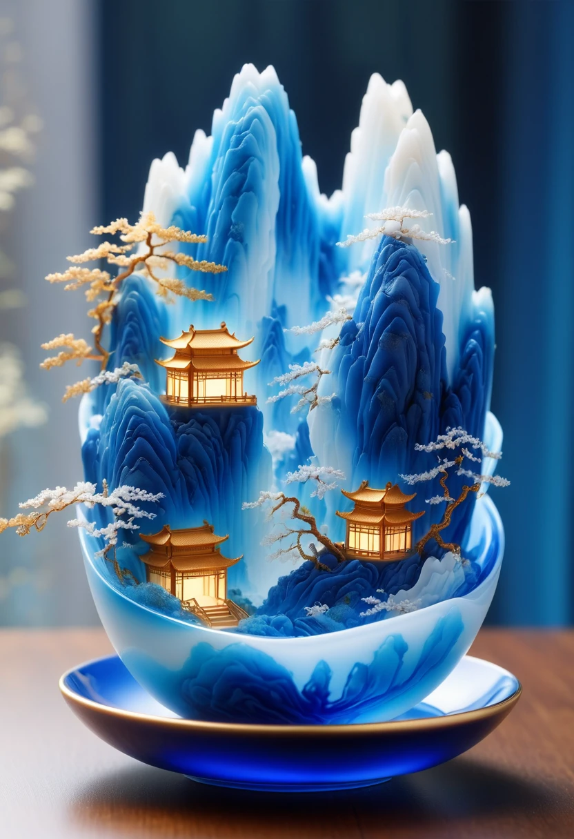 Micro landscape design carved on the milk tea cup，Translucent glass material,Blue-white gradient,Traditional Chinese landscape painting,Abstract shapes,Minimalism,Cave，,3d