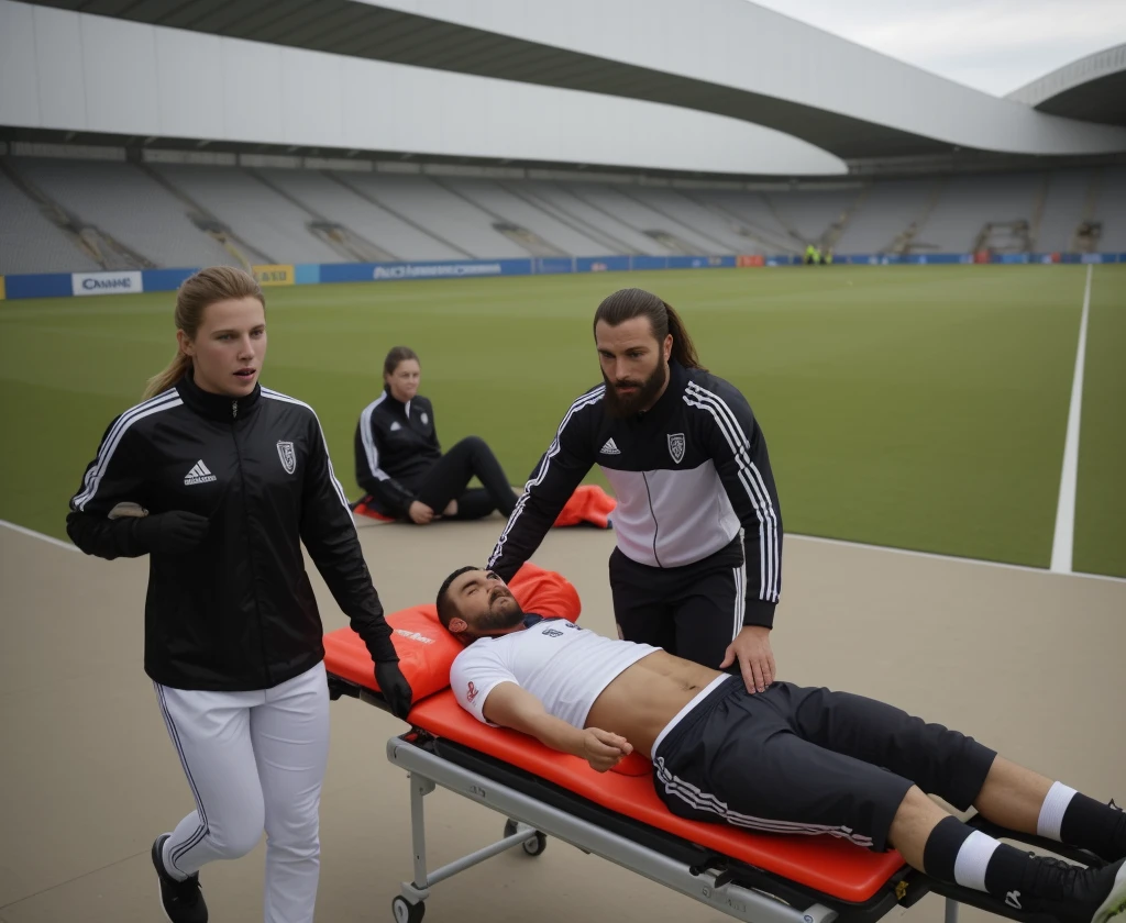 two women carry a strercher, two women in shiny jackets carry a stretcher on a soccer field, two women in plastic jackets are standing on a soccer field and hold a stretcher, There are two madeup women I shiny and wetlook outfits carrying a stretcher on a sports ground, there is a slightly bearded and attractive young male sportsman lying injured on a stretcher with a very painful expression, there is a sportsman lying on his back on a stretcher and covers his painful looking face with his hands, there are women in wetlook laquered outerwear carrying a man on a stretcher in a sports stadium, there is a man on a stretcher being carried by two very madeup women, there is a bearded soccer-player lying on a stretcher, there is a soccer-player on a stretcher with his hands over his face, a soccer-player is lying on a stretcher and has put his hands over his face, soccer, football