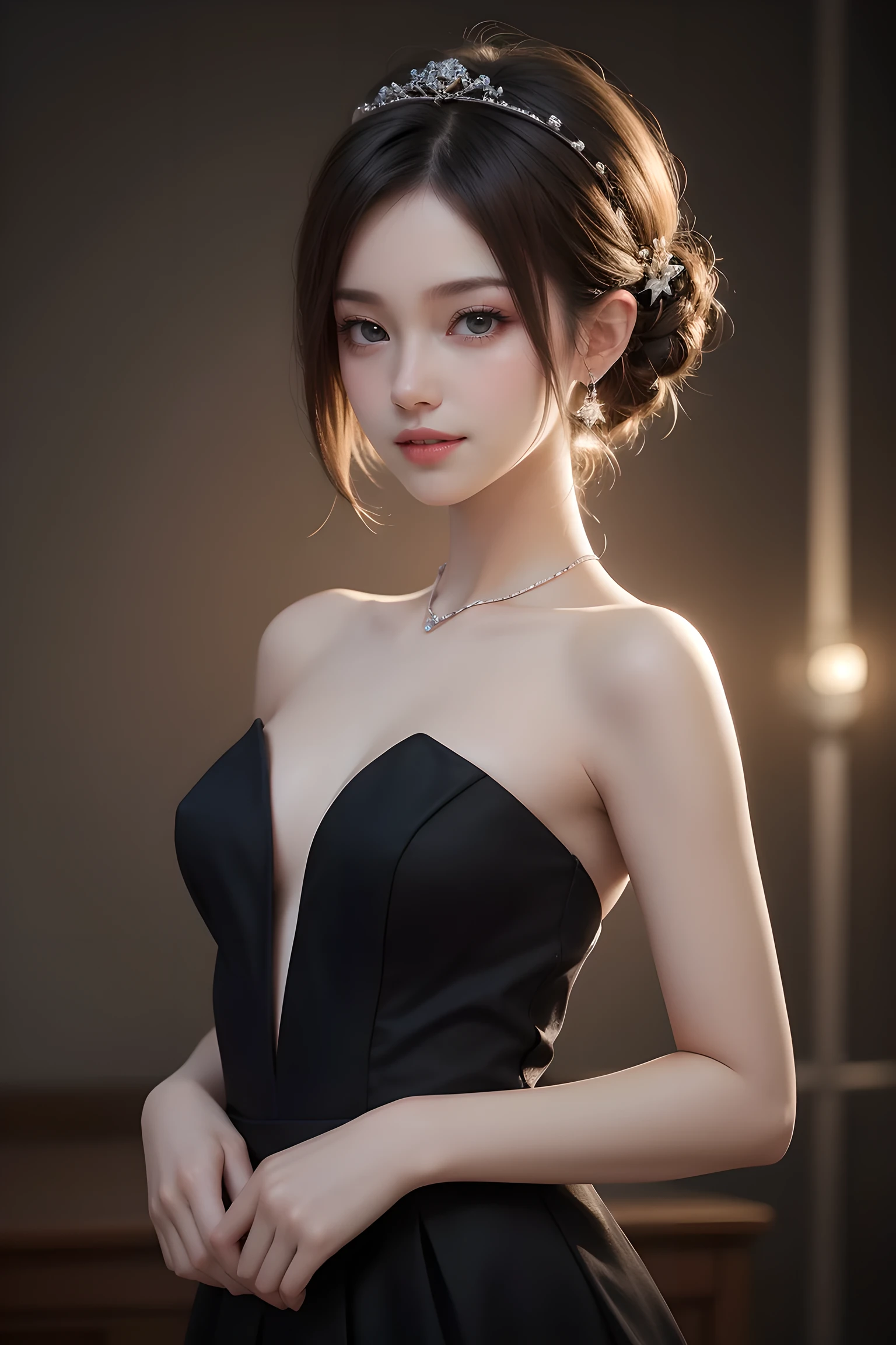 Fashion Model Photography, Black strapless evening gown, Strong sense of design, Medium shot, Star Girl, short hair, Hair accessories, Delicate skin, Smile, scene, High quality, Glare backlight, Professional studio lighting