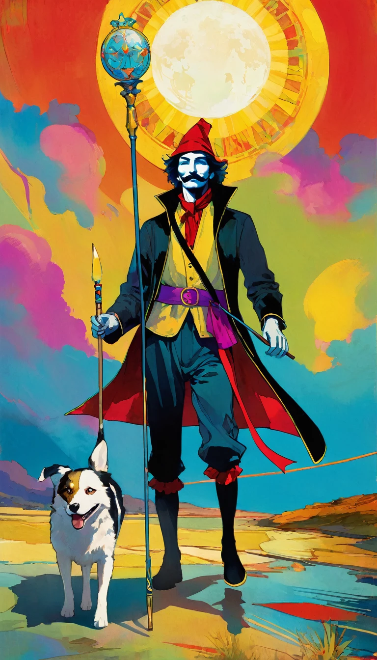 tarot card, the fool, happy man next to a dog walks with a bag tied to a stick, bright sun, tarot card frames ((text on card: "EL LOCO")) (art inspired by Bill Sienkiewicz). bright colors, oil painting)
