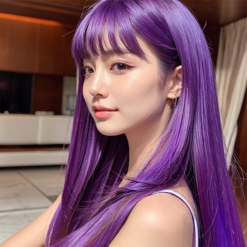 1woman hair purple, mid 20 years old, body, in the home,vibrant colors, ultra high realistic, ultra high quality