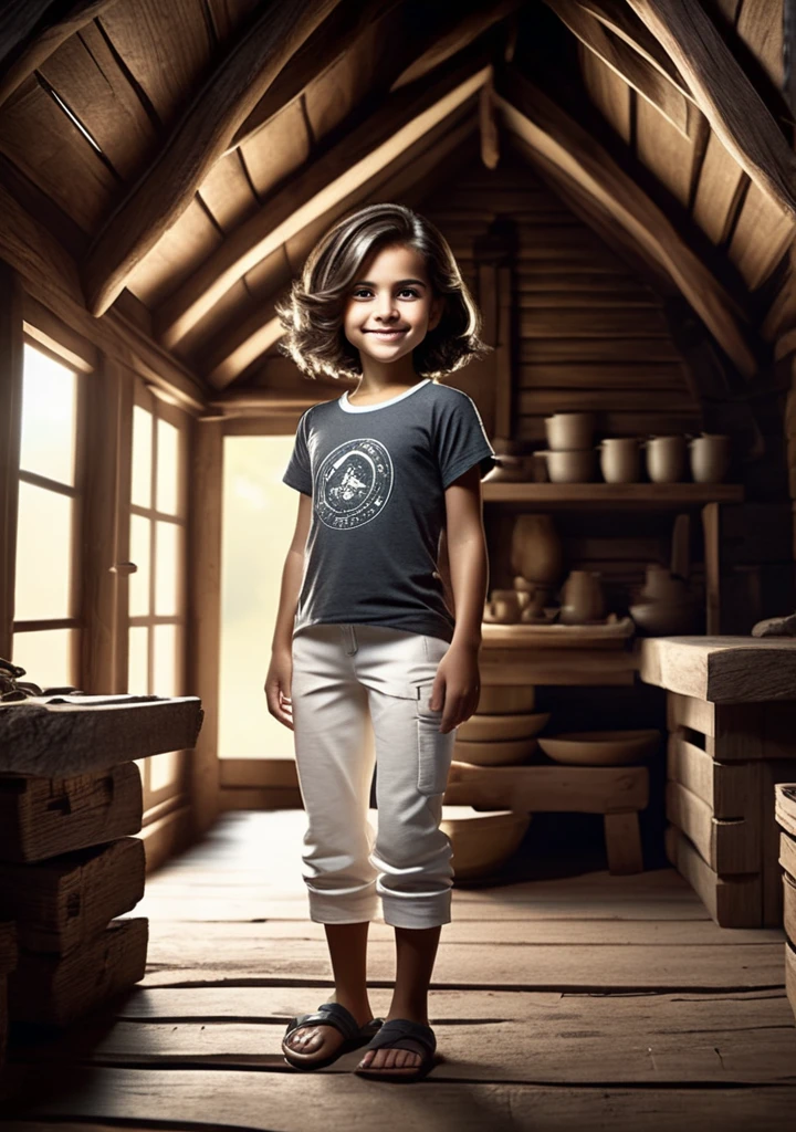 one girl standing alone in a wooden village, hair is short, wearing a full sleevs t-shirt and white box pants, 
full body, looking at viewer, smile,
The soft lighting and detailed surroundings create an immersive environment where imagination runs wild,
hyper-detailed, high quality visuals, dim Lighting, ultra-realistic, sharply focused, octane render, 8k UHD