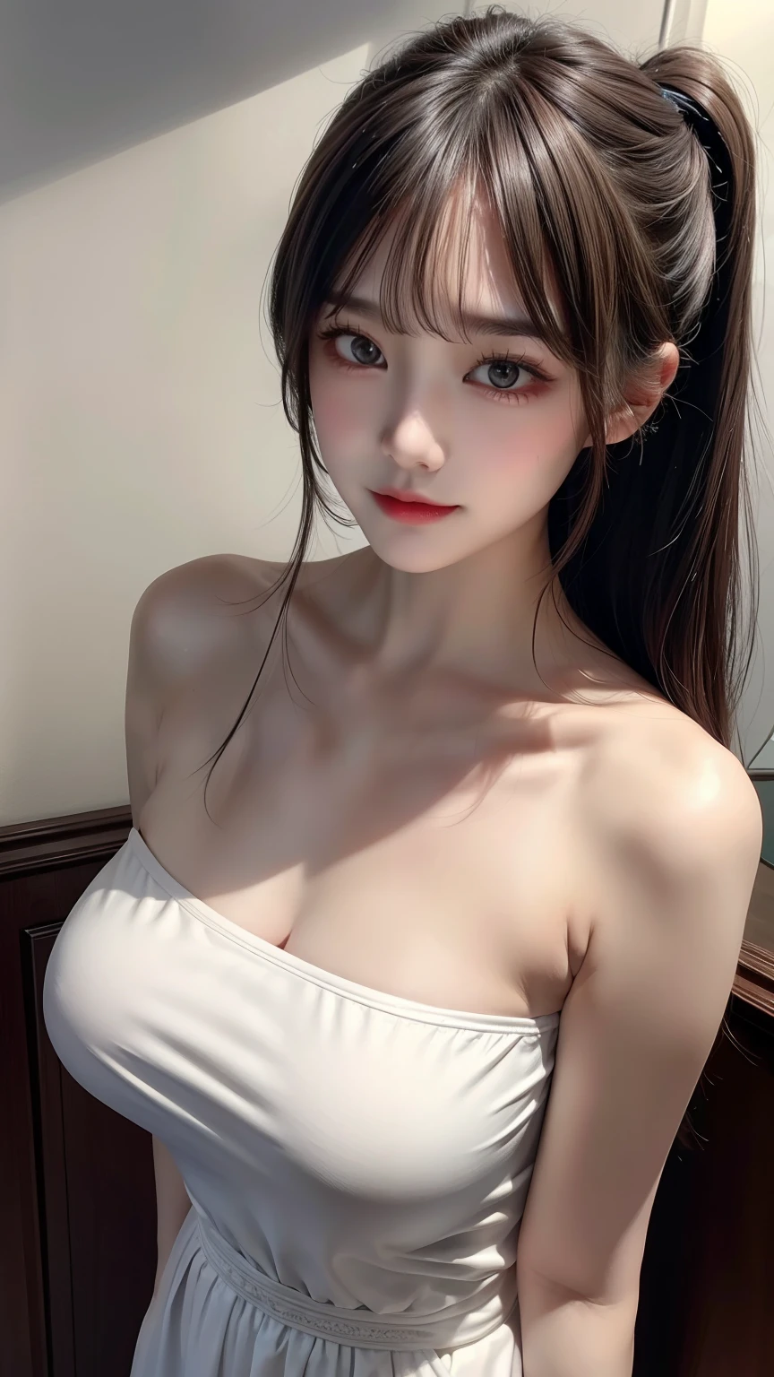 ((Masterpiece)), beautiful details, perfect focus, uniform 8K wallpaper, 4320p, high resolution, exquisite texture in every detail, masterpiece, best quality, 1girl, solo, looking at viewer, Long hair, high ponytail, blunt bangs, black hair, symmetrical and perfect eyebrow and eyelash, beautiful and perfect face, bare shoulders, collarbone, cleavage, huge breasts:1.3, strapless, bandeau, tube top, indoors, ((cowboy shot)), Mizuki_Lin, ((upper body from head to waist)), (close shot to face), from above,