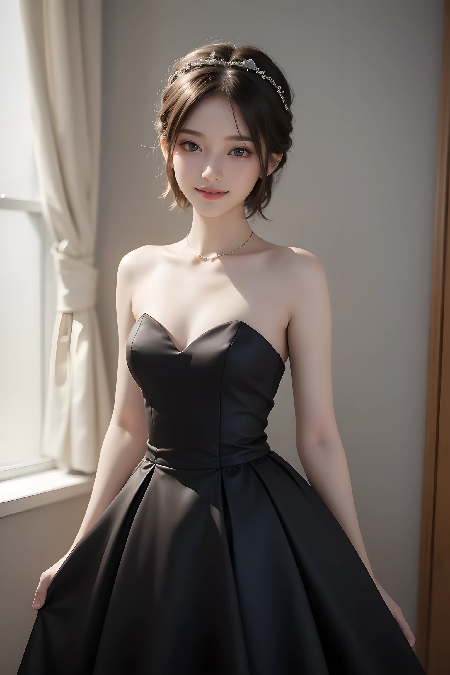 Fashion Model Photography, Black strapless evening gown, Strong sense of design, Medium shot, Star Girl, short hair, Hair accessories, Delicate skin, Smile, scene, High quality, Glare backlight, Professional studio lighting