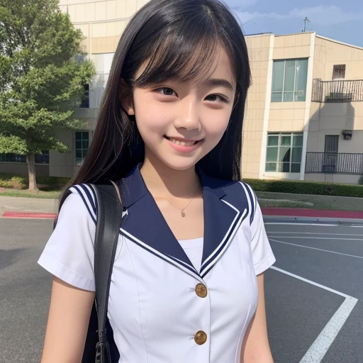 Slim female high school studen areola、She is smiling、Uniform with large slits、Fair skin、shoulder、clavicle、