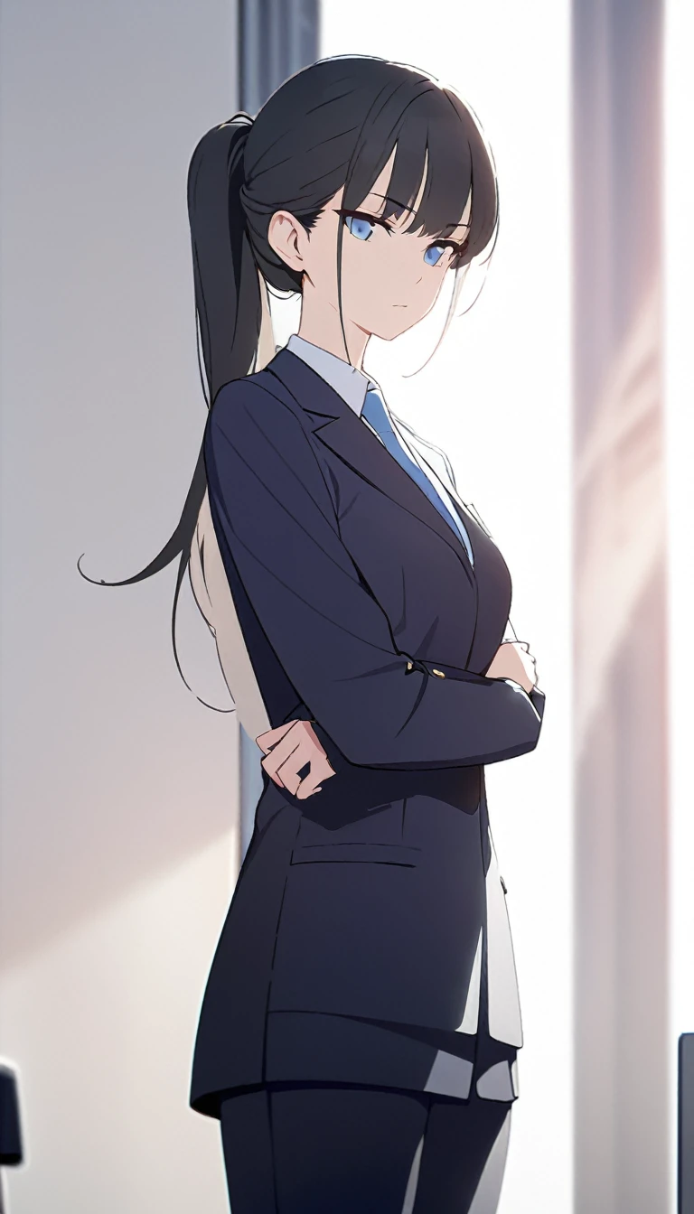 (masterpiece, high quality, best quality, highres,) One Woman, young, black hair, ponytail, Blue Eyes, Athletic build, expressionless, closed mouth, office staff suit, Simple white background, standing, cowboy shot, (from the front)