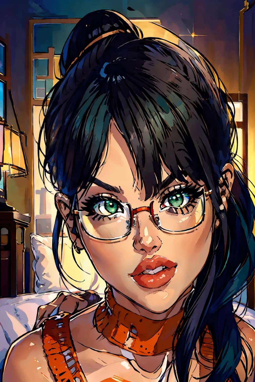 HD, 8k quality, masterpiece, Chichi, (1girl, solo girl) dream girl, huge breasts, beautiful face, kissing lips, short bob straight hairstyle, long bangs, perfect makeup, realistic face, detailed eyes, jade green eyes, brunette hair, eyelashes, bedroom, laying on bed, eyes at viewer, orange top, knitted sweater, turtleneck, clear lens glasses, red school girl skirt, excited mood, full body, perfect hands