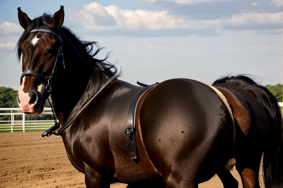 complete view of horse. a big fat black shire horse with big bum. pulling dray cart. nude full figured woman driving. very dark skinned. very short hair. steaming dung pile under horse