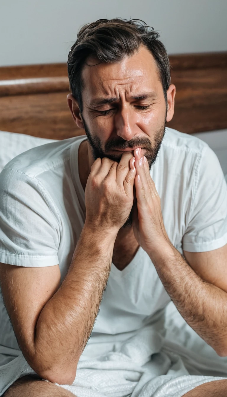 A 35 year old European man is sitting on a patient's bed wiping tears from his face, full body photo