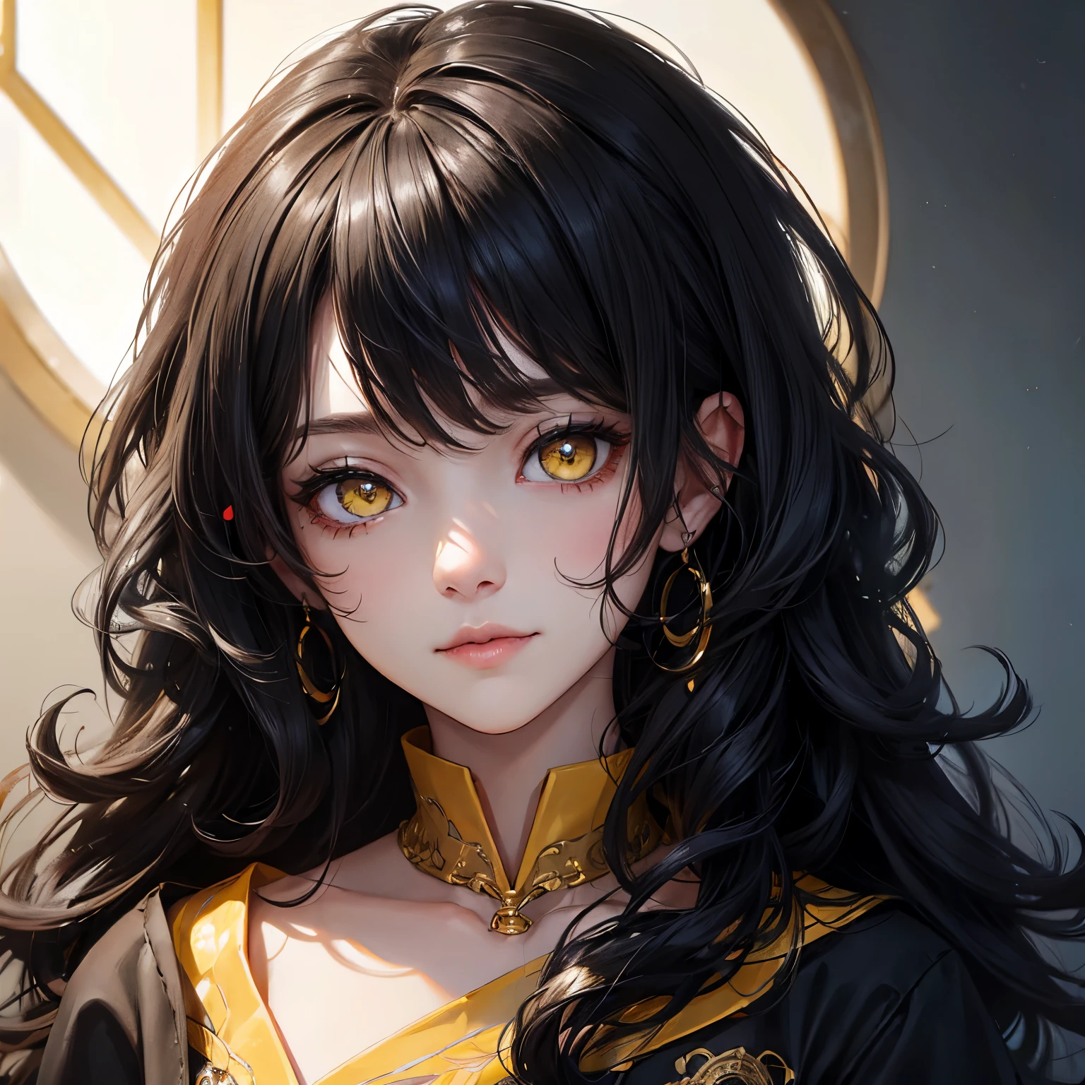 (portrait:1.5), 8k、Black Hair Curly Hair、Yellow eyes