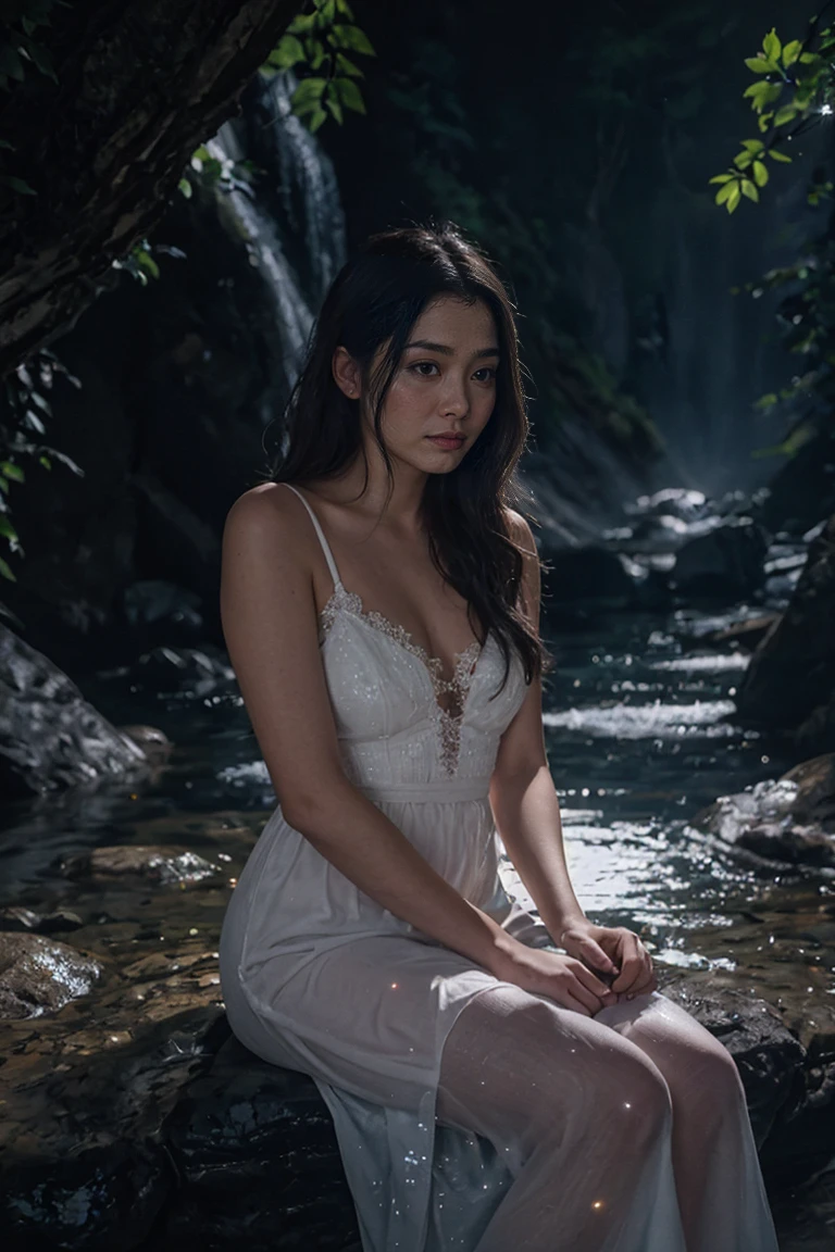 shot by Sony a7 IV Mirrorless Camera, natural light, analog film photo, Kodachrome ,in a magical crystal world , a woman is sitting near a waterfall on a full moon night , sparkling and glittering glowing particles in the air , soft bluish glow