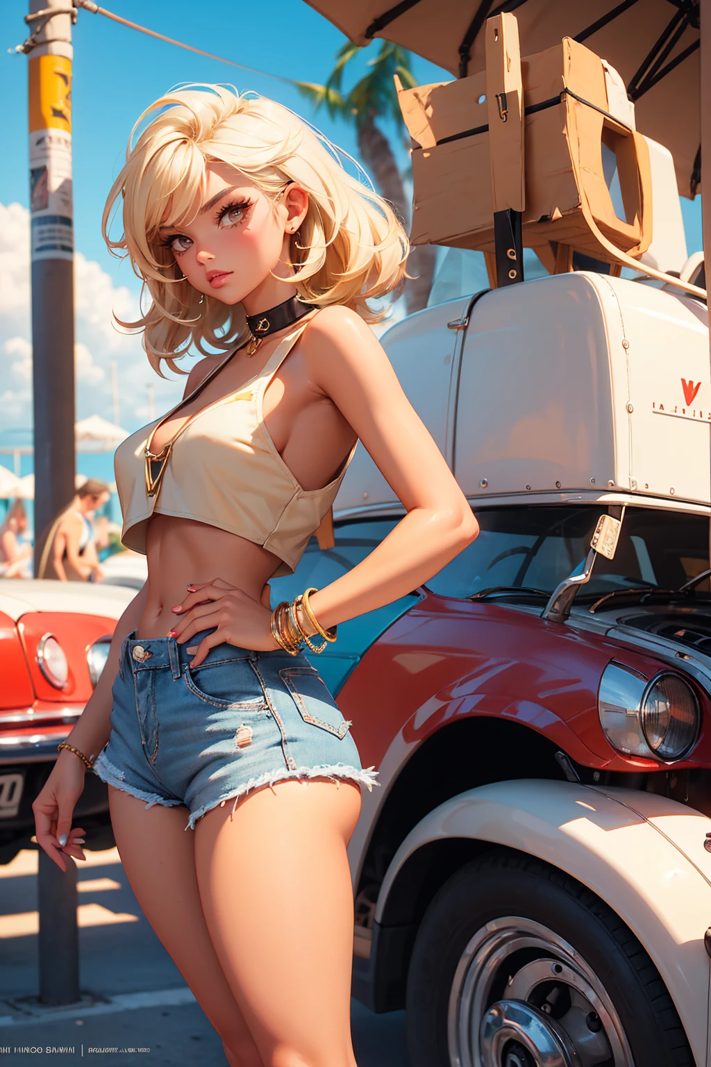 Teenage girl-model 18 years old, beautiful, tanned, blonde, bob hair, bangs, brown eyes, beautiful figure, girl wearing crop shirt and too short mini shorts, beautiful long legs, slave bracelets, slave choker, manicure, cute makeup, flirtatiously posing, hot summer, hot flirty, sexy posing, summer outfit, top quality, higest quality, pin-up style, retro 80s style, Daisy Dukes style, slave girl, Miami vibes