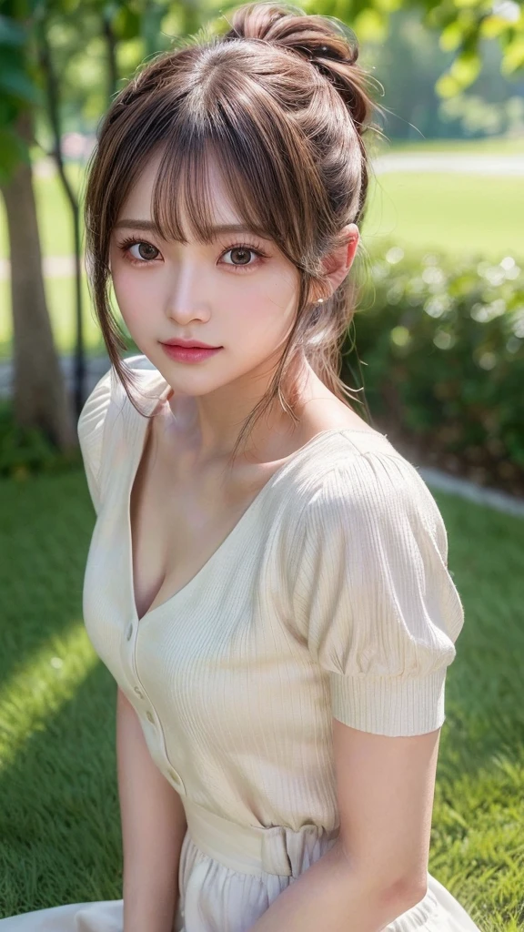 One piece with collar,outdoors,Urban Park,On the lawn,Ultra-detailed, finely detail, hight resolution, 8K Wallpaper, Perfect dynamic composition, Beautiful detailed eyes,Outdoor,Close-up of face,Outdoor,Blushing,Facing forward,,Long hair ponytail,((8k, Raw photo, Best Quality, Mastepiece:1.2), (Realism, Photorealistic:1.4), (Highly detailed 8K wallpapers), Depth of written boundary, Cinematic Lighting, Soft Light, Detailed Beauty Eye,Shiny and smooth light brown ponytail, Asymmetrical bangs, Shiny skin, Ultra-detailed skins ,It is high resolution., High detail, Detailed hairstyle, Detailed facial beauty, Hyper-realistic, Perfect limbs, Perfect Anatomy ,1 Japanese girl,Famous Japanese Idols, Perfect female body,A shy smile,Short eyelashes,Double-edged eyelids,Look straight here,Hair style: ponytail,